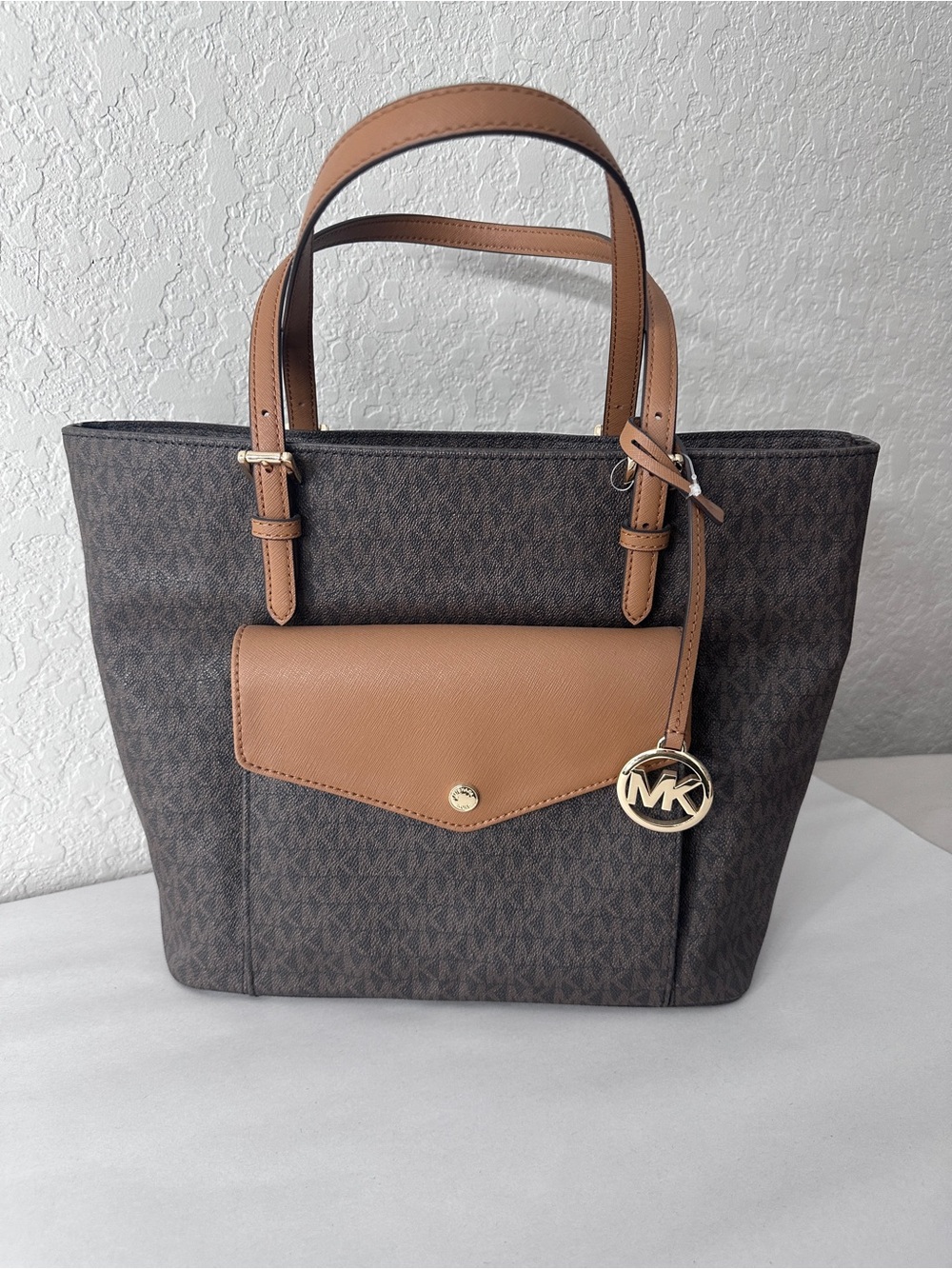 Michael Kors Brown Signature Tote with Tan Trim and Gold Charm
